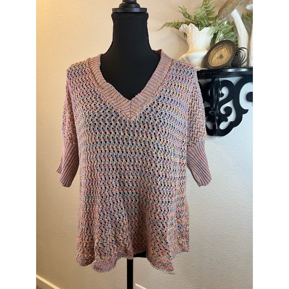 Say What Pink Y2K Colorful Fish Net Knit Crochet V Neck Blouse Sz M Whimsigoth